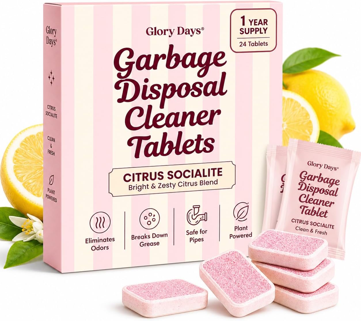 Garbage Disposal Cleaner and Deodorizer Tablets, Foaming Citrus Drain Freshener, Sink Odor and Grease Buildup Remover, Septic Safe, Plant Based, Plastic Free