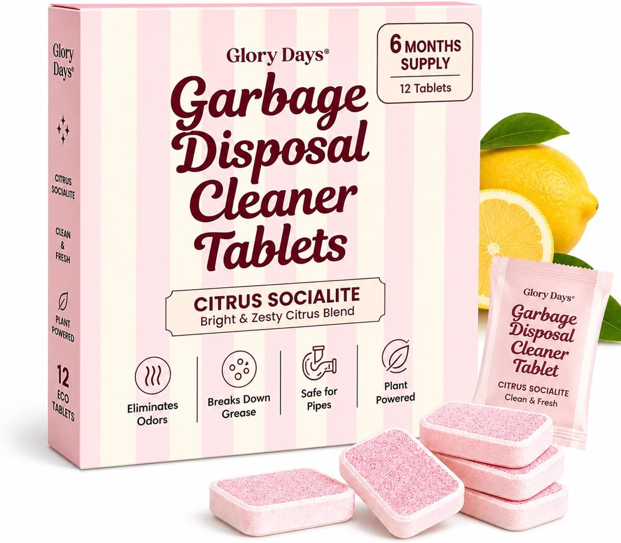 Garbage Disposal Cleaner and Deodorizer Tablets, Foaming Citrus Drain Freshener, Sink Odor and Grease Buildup Remover, Septic Safe, Plant Based, Plastic Free